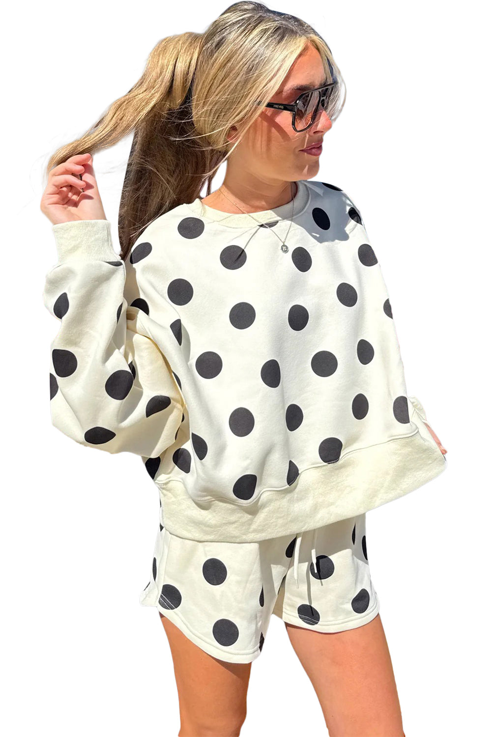Polka Dot Print Drop Shoulder Pullover Drawstring Shorts Set