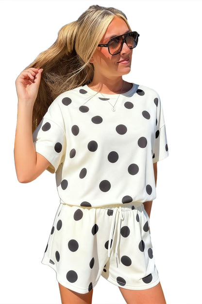 Polka Dot Print Loose Tee Drawstring Elastic Waist Short Set
