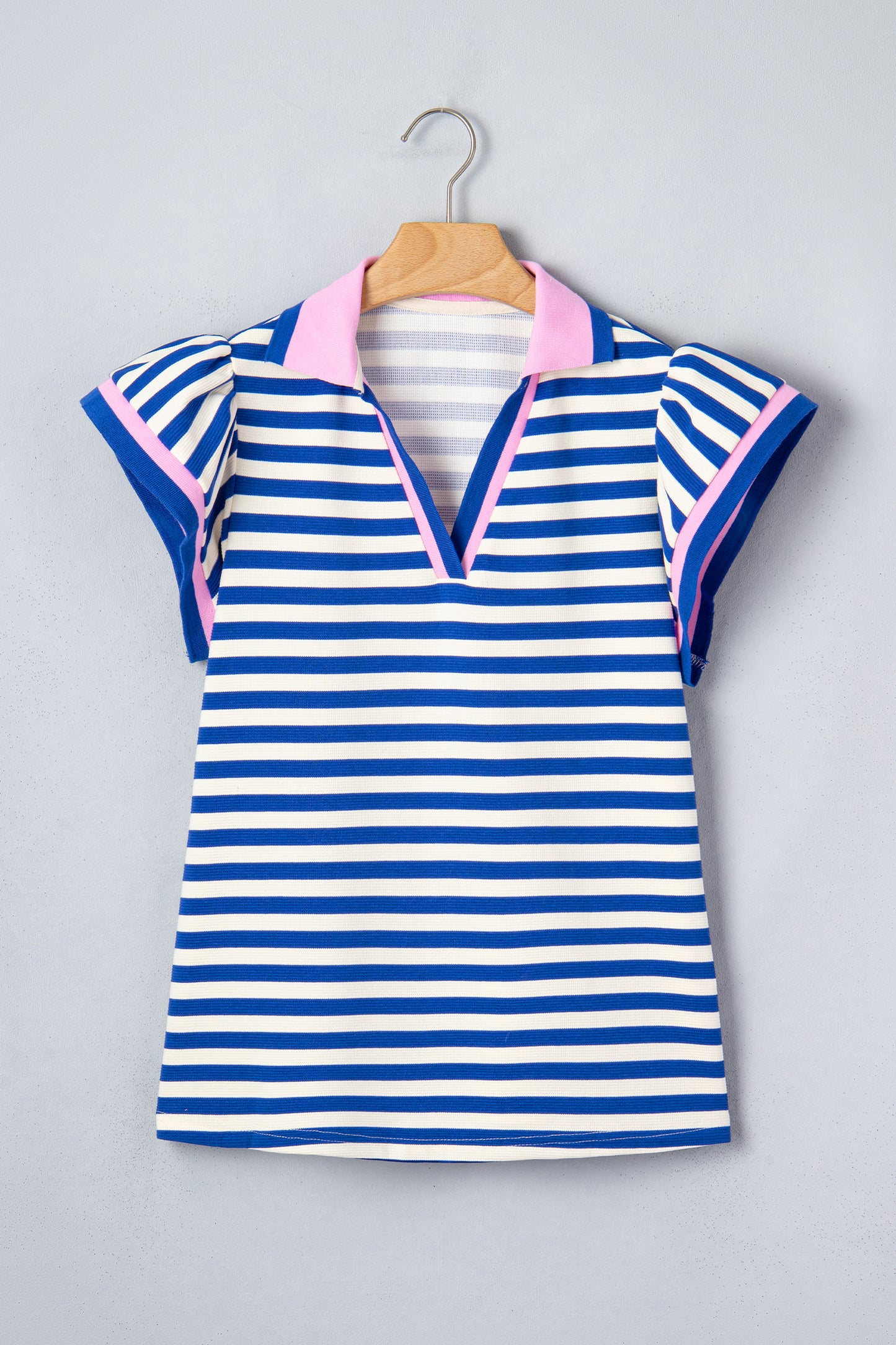 Contrast Trim Polo Collar Ruffled Short Sleeve Blouse