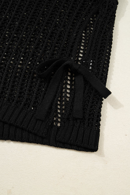 Open Knit Bow Tie Short Sleeve Sweater