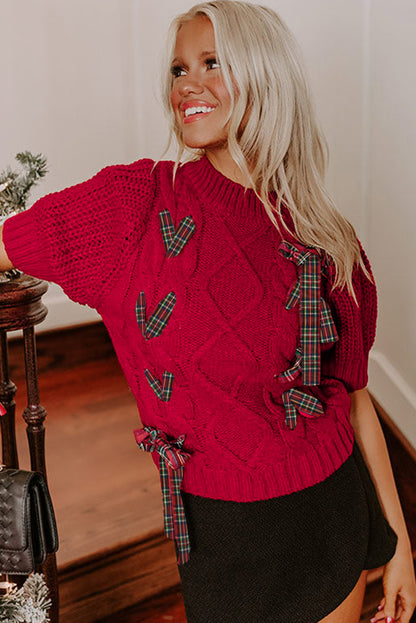 Plaid Lace-up Detail Christmas Holiday Puff Short Sleeve Sweater
