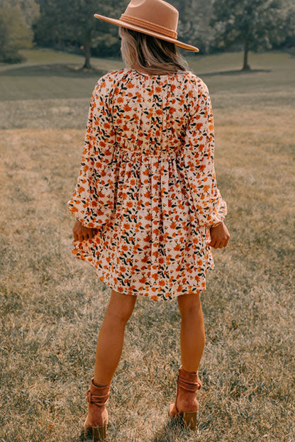 Floral Smocked V Neck Bubble Sleeve Babydoll Dress