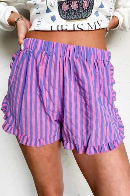 Stripe Elastic Waist Ruffle Trim Casual Shorts