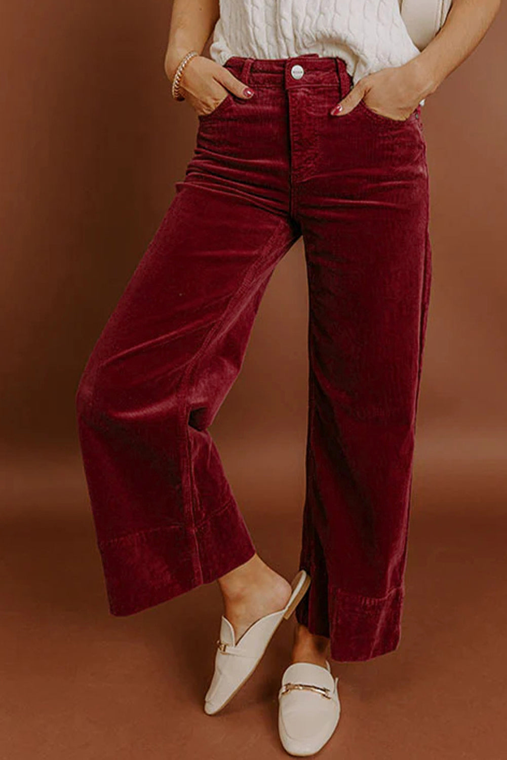 Corduroy Solid Color High Waist Wide Leg Pants