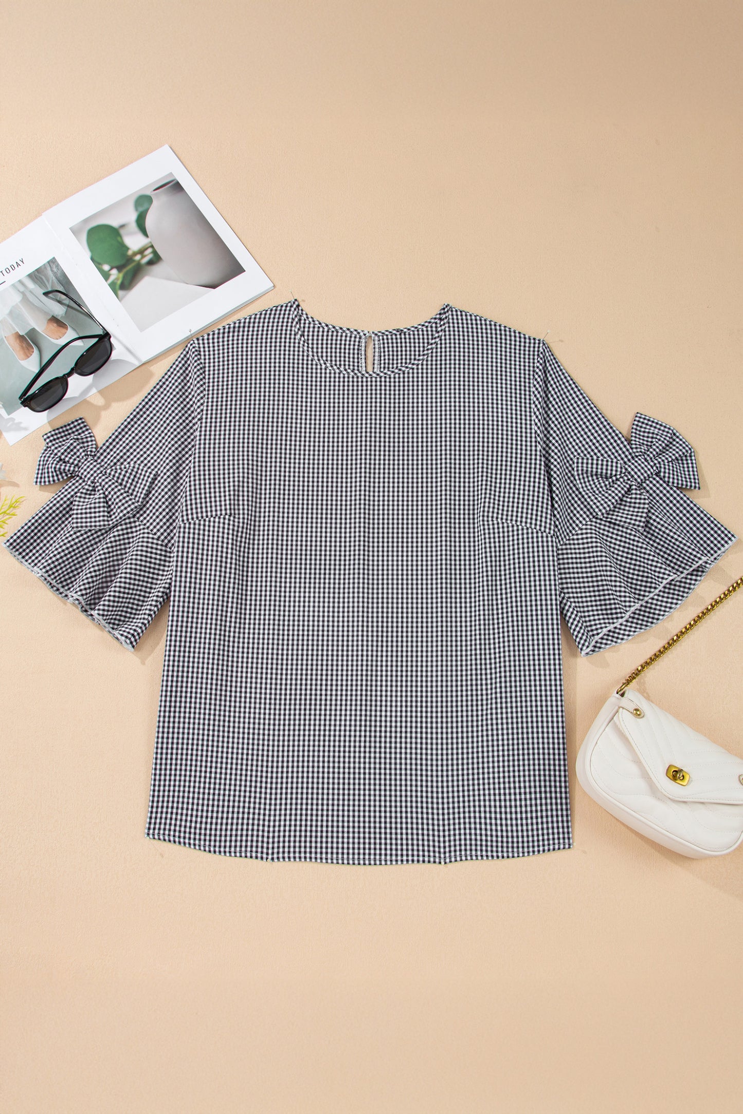 Black Plus Size Plaid Bow Decor Bell Sleeve Round Neck Blouse