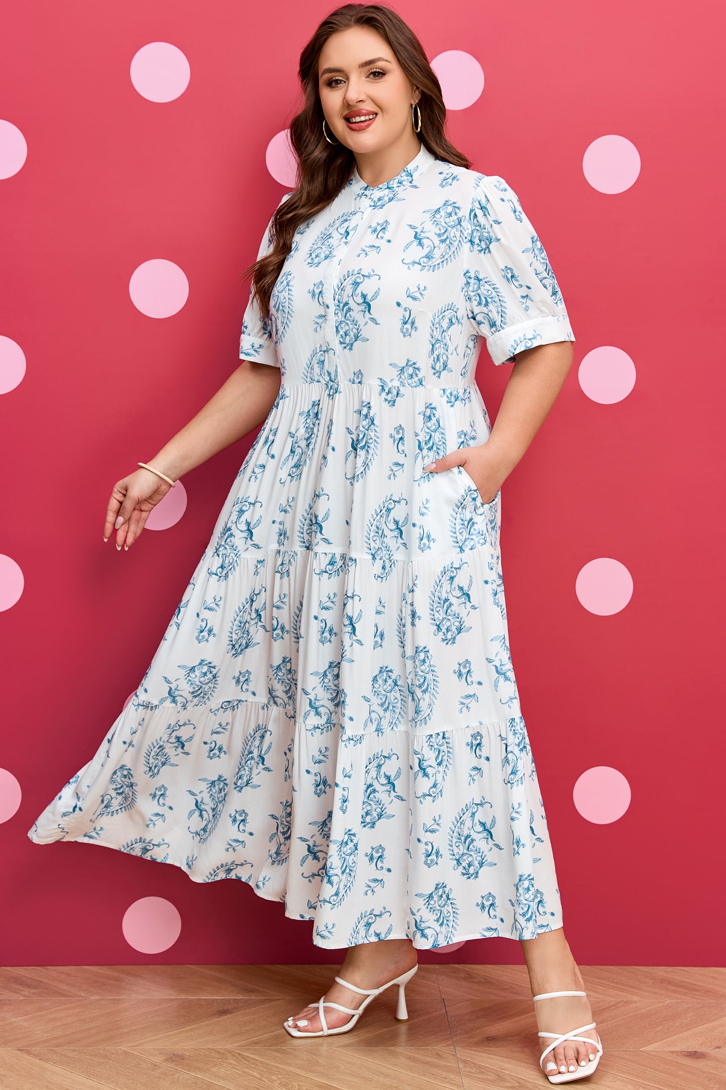 Sky Blue Plus Size Floral Print Button Split Neck Short Sleeve Maxi Dress