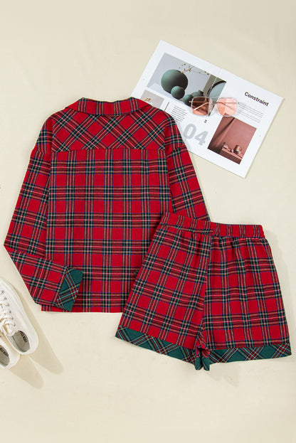 Green Plaid Christmas Holiday Patchwork Long Sleeve Shirt and Shorts Pajama Set