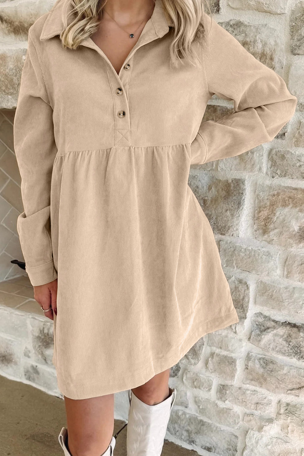 Corduroy Half Button Collared Long Sleeve Mini Dress