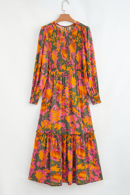 Orange Floral Puff Sleeve Smocked Bodice Frill Tiered Dress