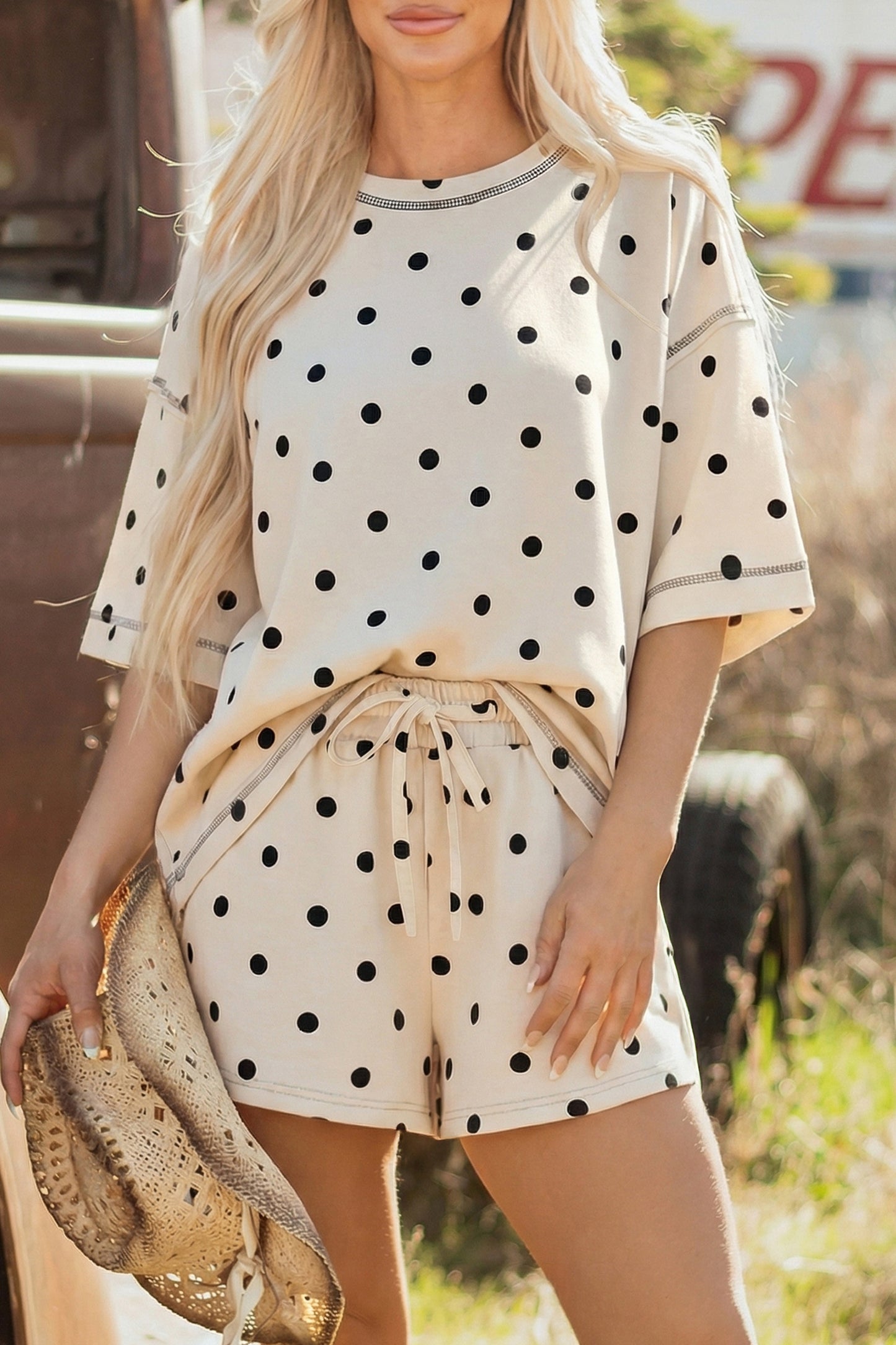 Polka Dot Short Sleeve Loose Top Drawstring Shorts Set