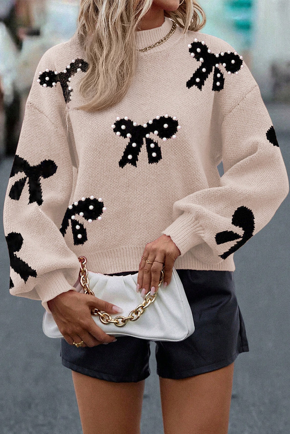 Pearl Embellished Bow Pattern Loose Sweater