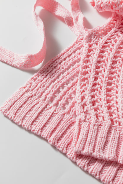Open Knit Bow Tie Short Sleeve Sweater