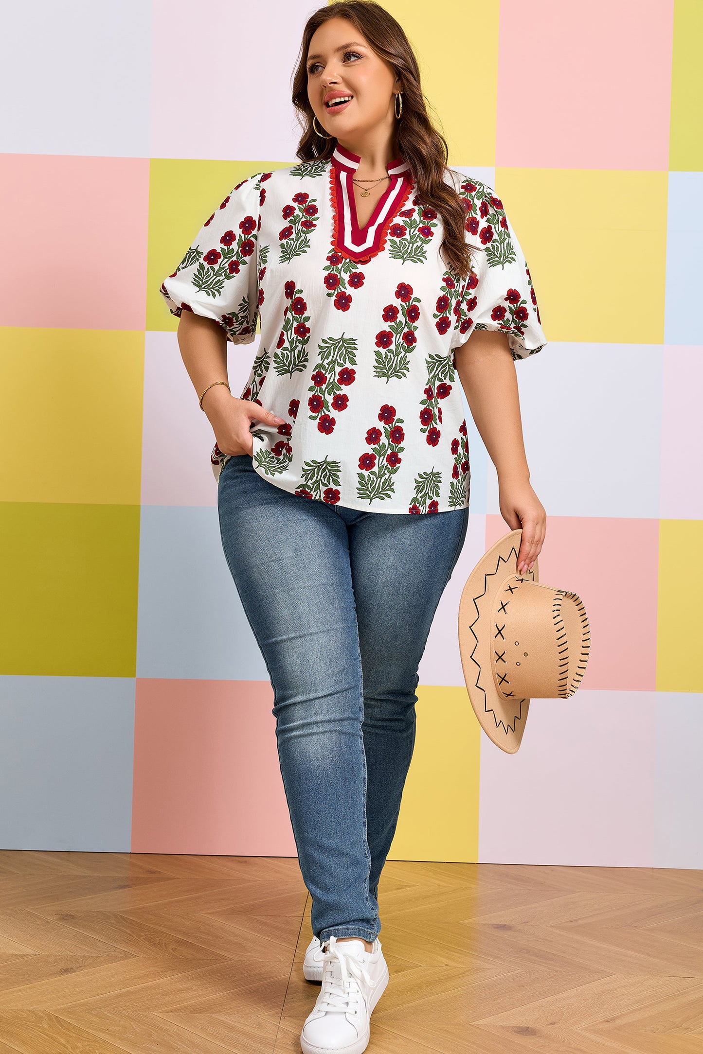 Plus Size Floral Print Ricrac Striped Trim Short Sleeve Cotton Blouse