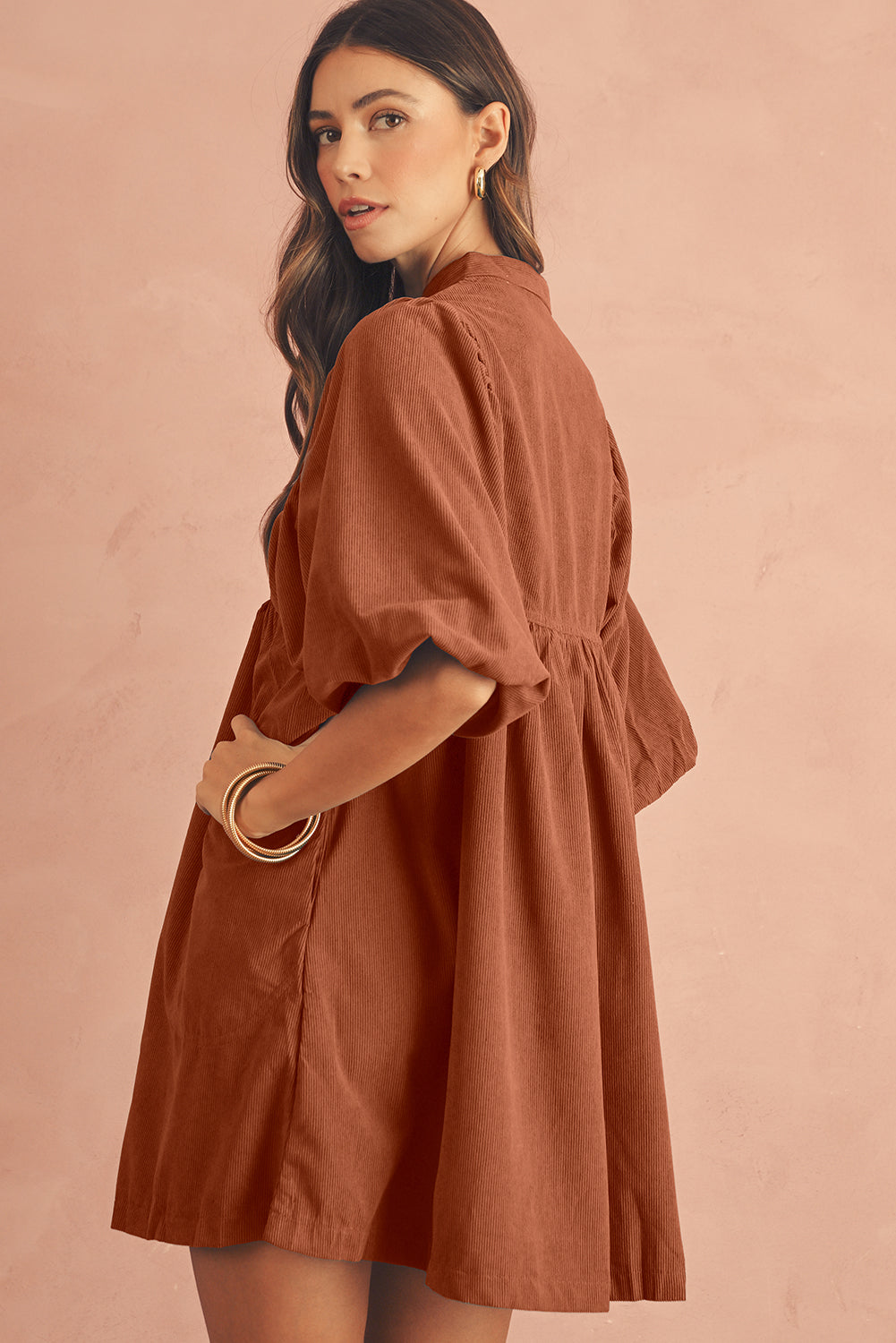 Light Snap Button Empire Waist Lantern Sleeve Corduroy Dress