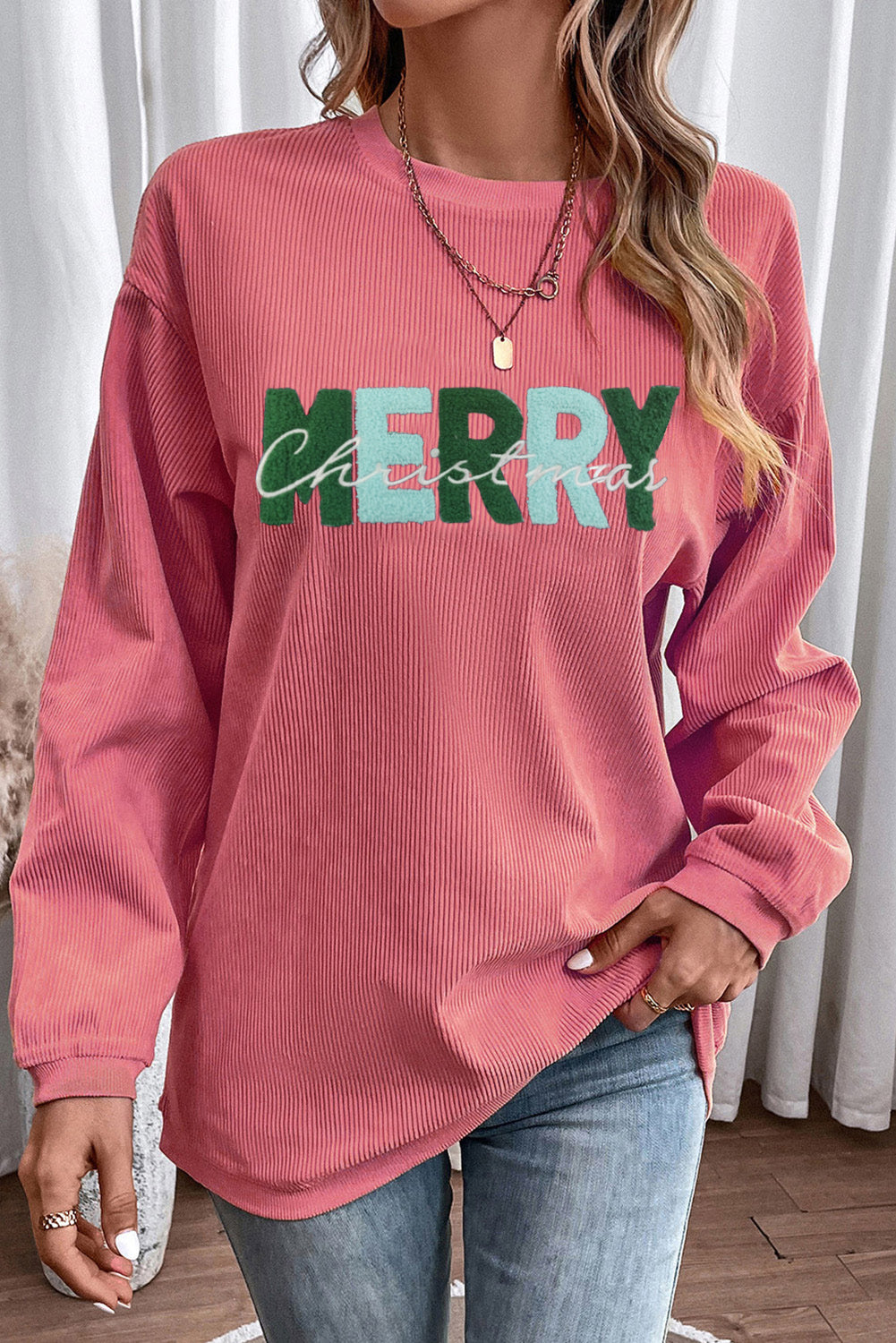 MERRY Christmas Terry Flocking Corded Graphic Sweatshirt