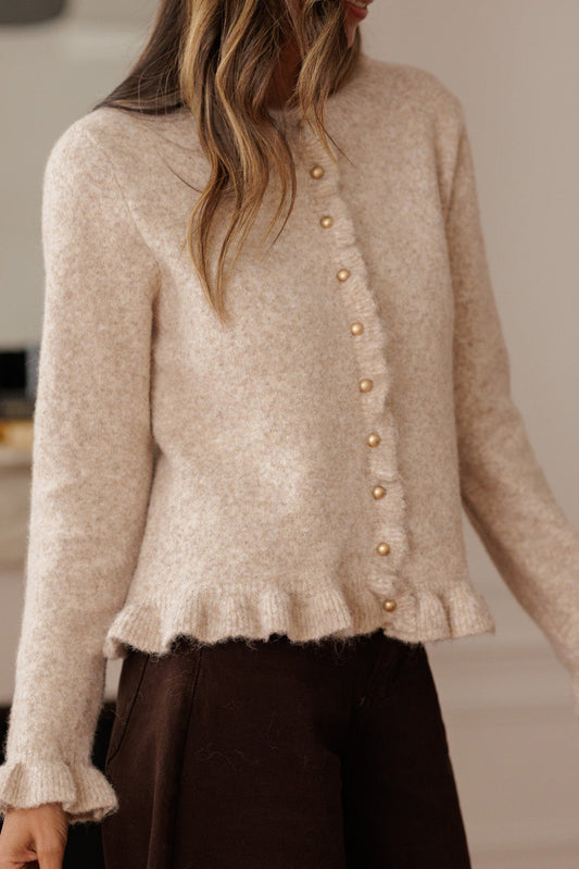 Oatmeal Ruffle Trim Gold Button Sweater Cardigan