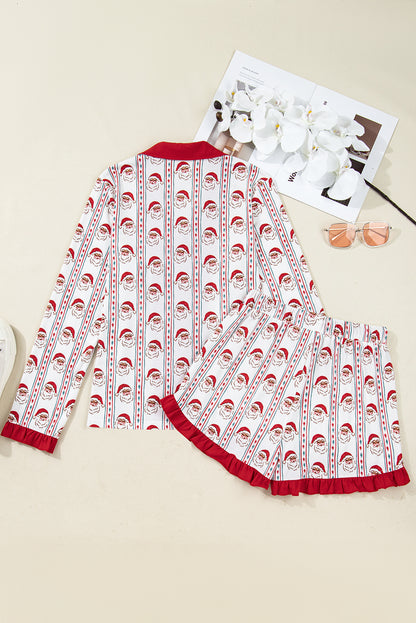 White Christmas Santa Claus Contrast Ruffle Trim Pajama Set