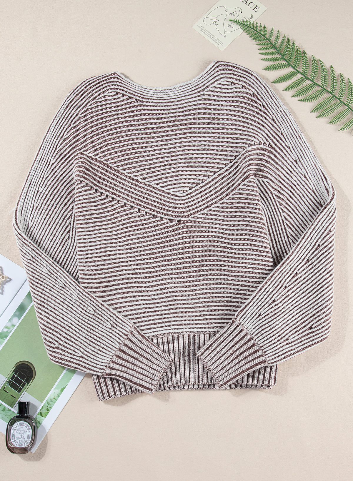 Striped Print Ribbed Knit Raglan Sleeve Baggy Sweater