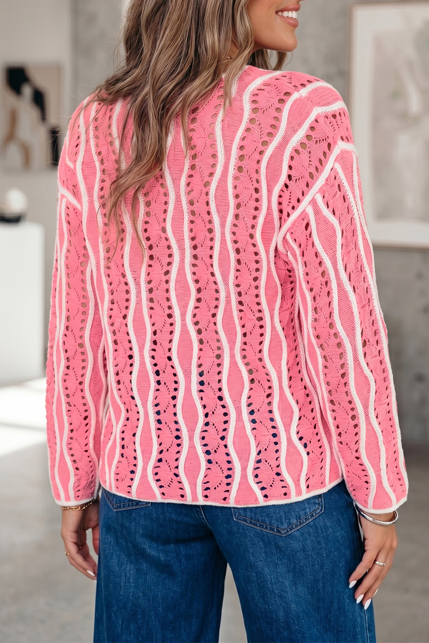 Wavy Detail Hollow Out Knit Long Sleeve Cotton Pullover Sweater