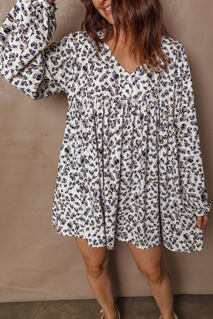 Multicolour Leopard Print V Neck Button Detail Long Sleeve Mini Dress