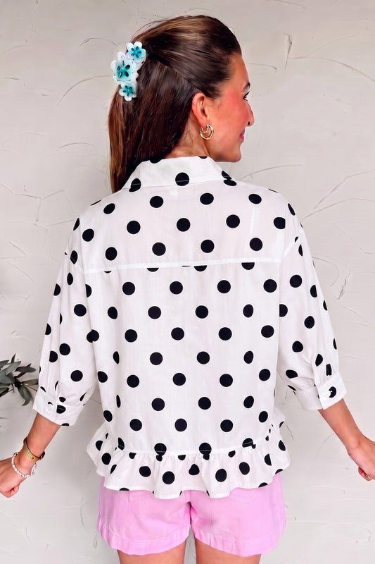 Polka Dot Print Three Quarter Sleeve Ruffle Hem Casual Shirt