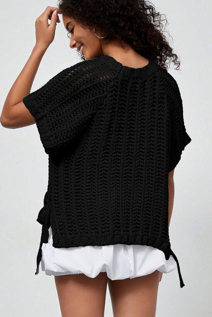 Open Knit Bow Tie Short Sleeve Sweater