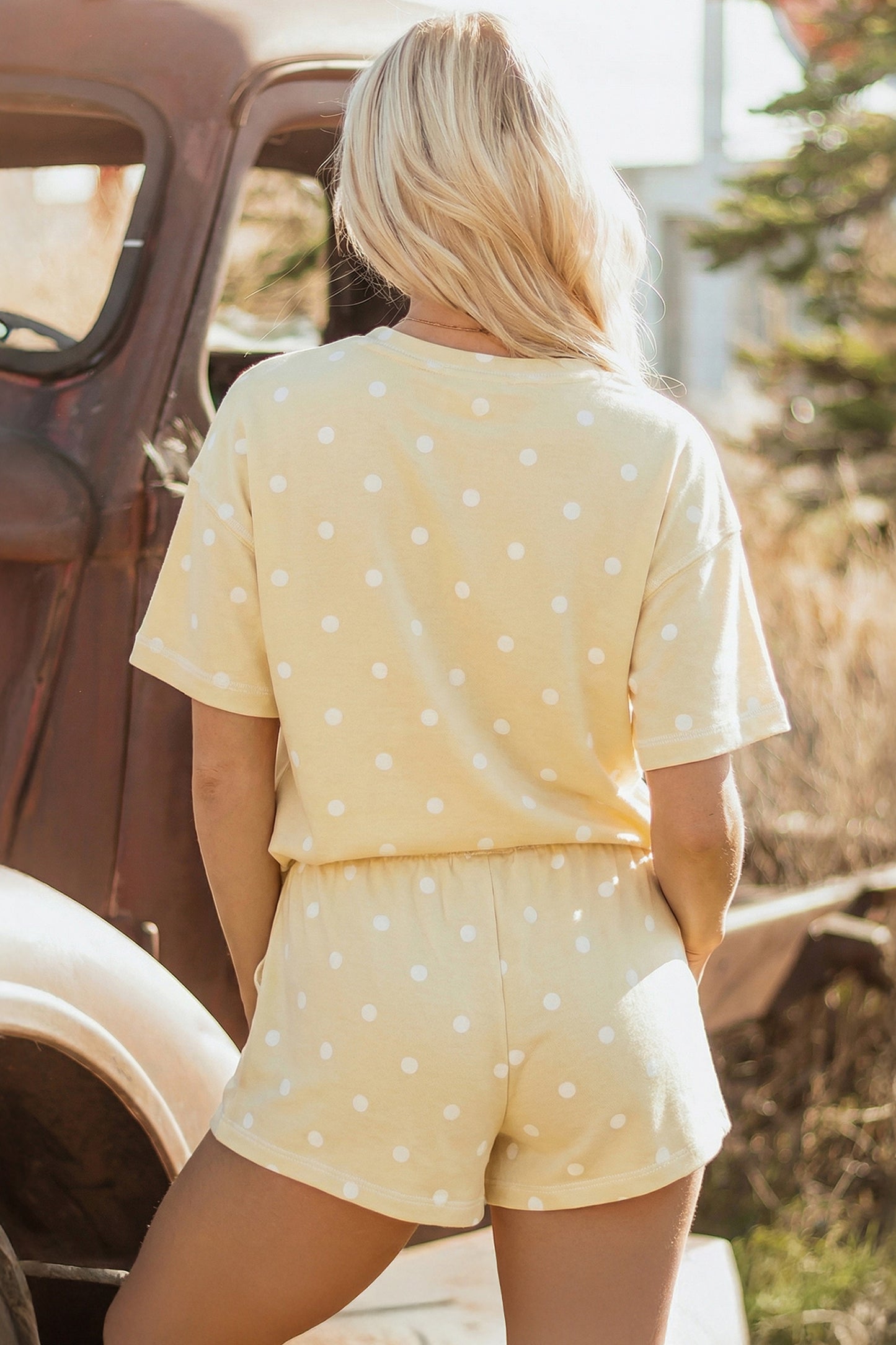 Polka Dot Short Sleeve Loose Top Drawstring Shorts Set