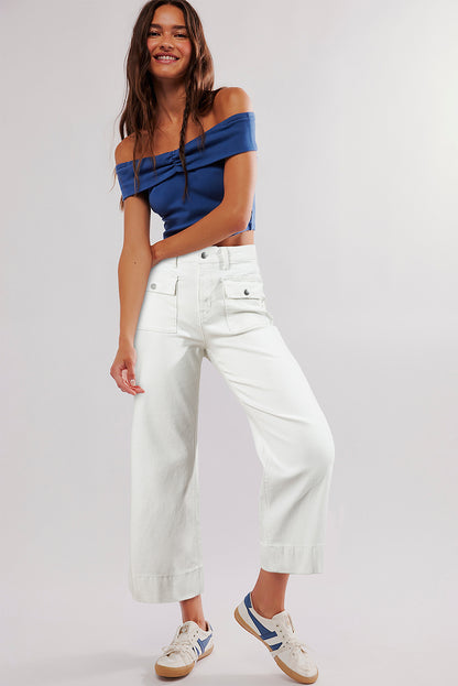 Flap Pockets Front Straight Cropped Jeans