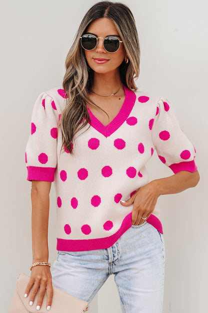 Polka Dot Puff Short Sleeve Sweater Top