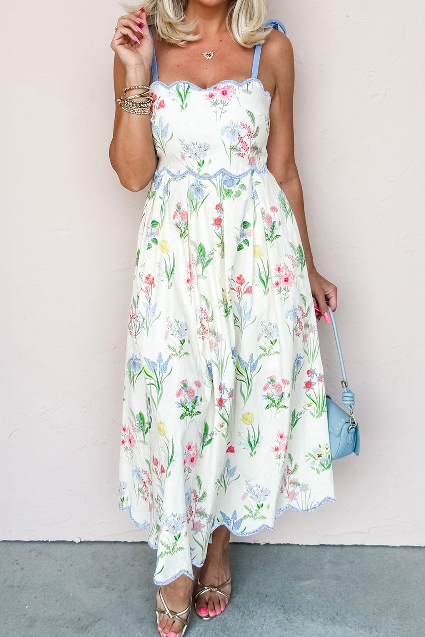 Floral Print Contrast Trim Self-tie Straps High Waist Midi Dress