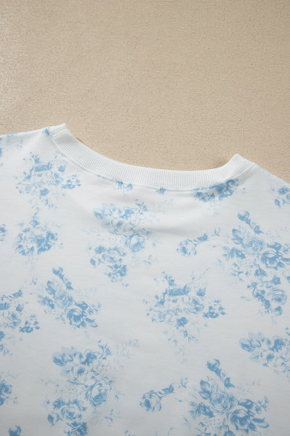 Sky Blue Floral Print Striped Detail Long Sleeve Top Ruffle Hem Shorts 2pcs Set
