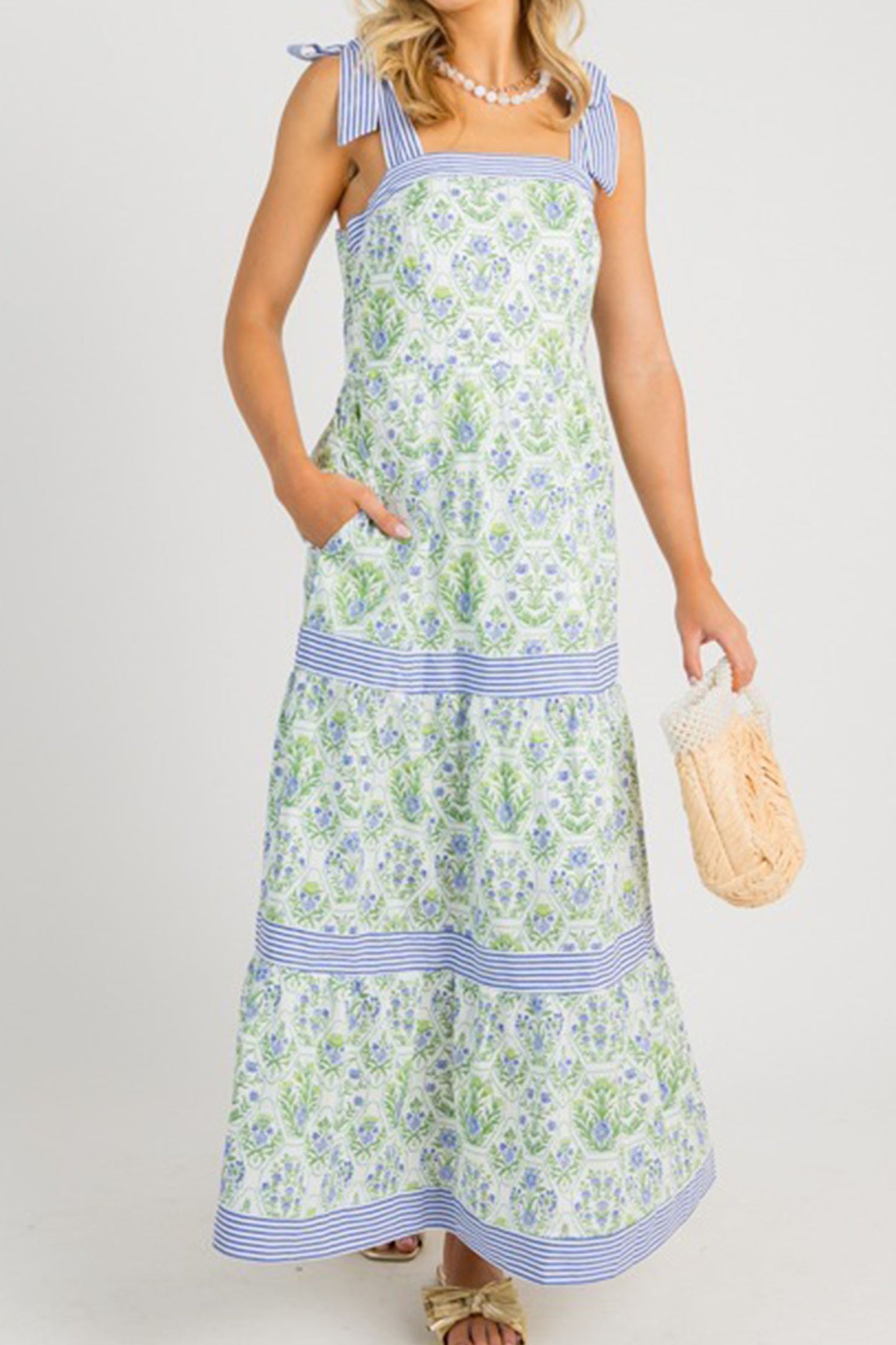 Geometric Floral Print Striped Patchwork Detail Sleeveless Dress