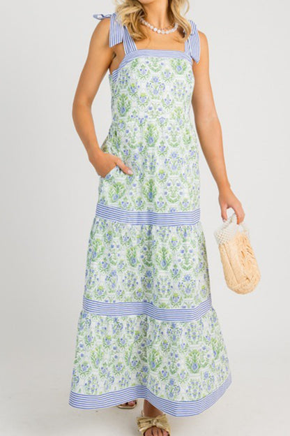 Geometric Floral Print Striped Patchwork Detail Sleeveless Dress