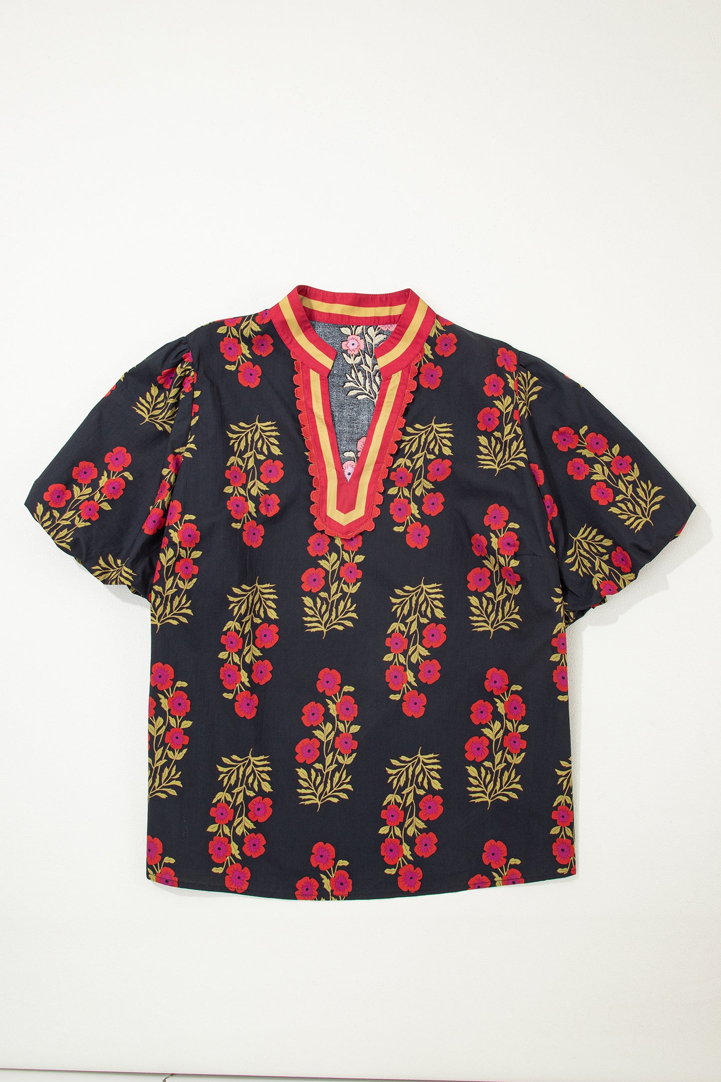 Plus Size Floral Print Ricrac Striped Trim Short Sleeve Cotton Blouse