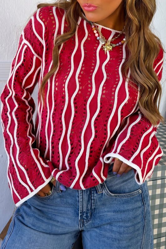 Red Wavy Stripe Hollow Out Pullover Sweater