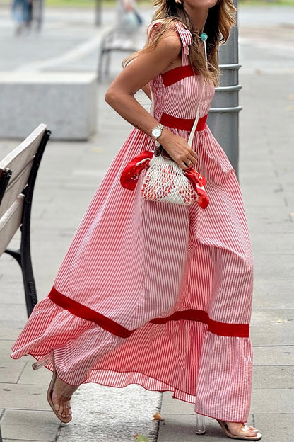 Red Stripe Bow Knot Straps Contrast Trim High Waist Ruffle Hem Maxi Dress
