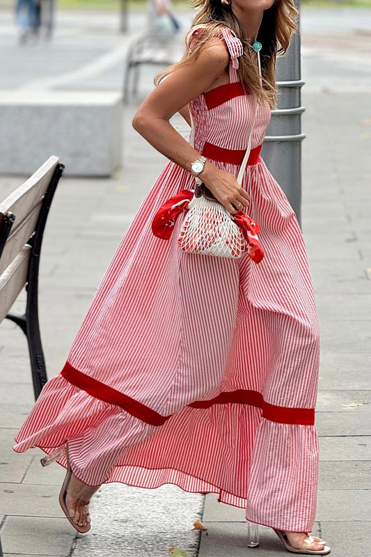 Red Stripe Bow Knot Straps Contrast Trim High Waist Ruffle Hem Maxi Dress