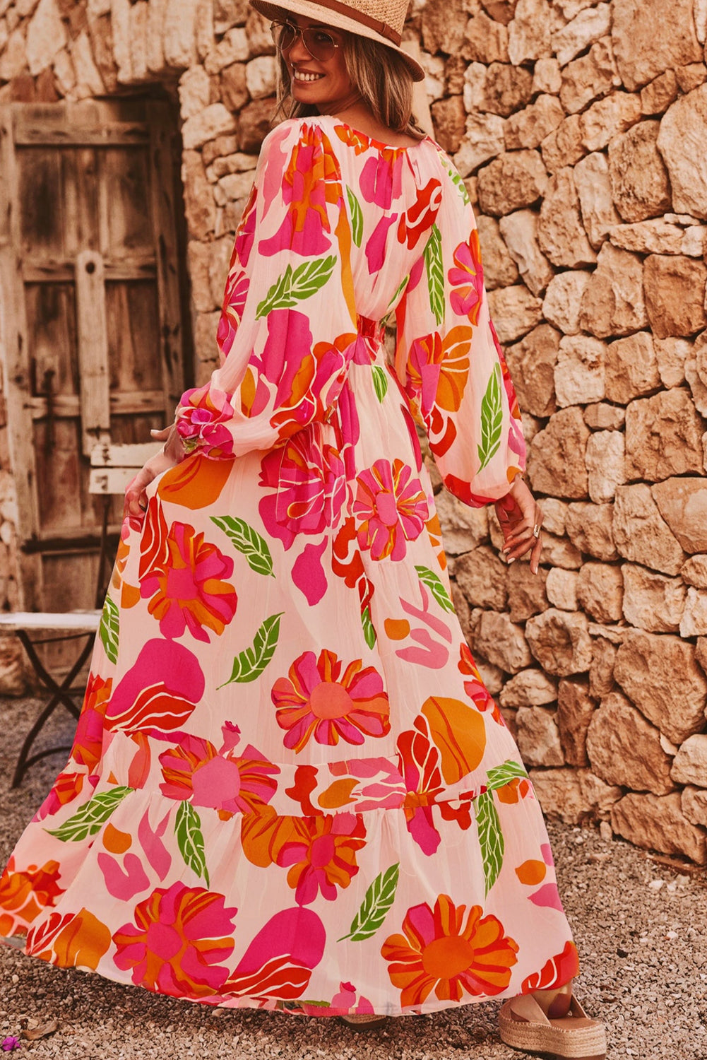 Beige Floral Print Shirred Detail Puff Sleeve Flowy Maxi Dress