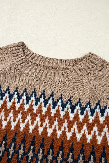 Khaki Geometric Print Colorblock Crew Neck Sweater