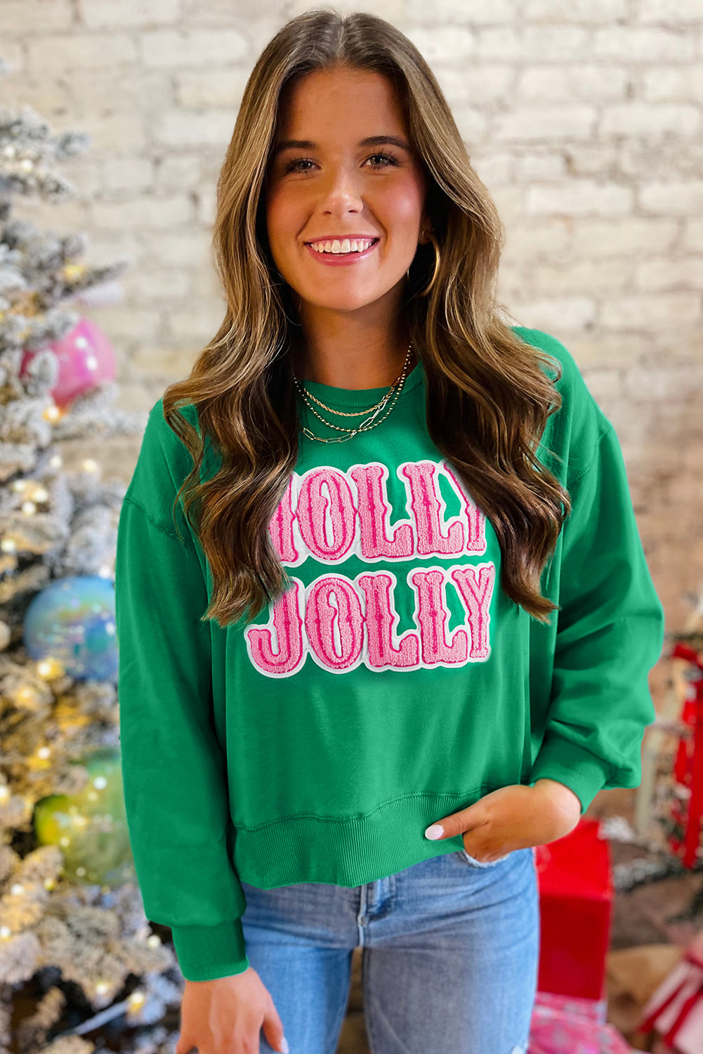 Green HOLLY JOLLY Letter Christmas Holiday Sweatshirt