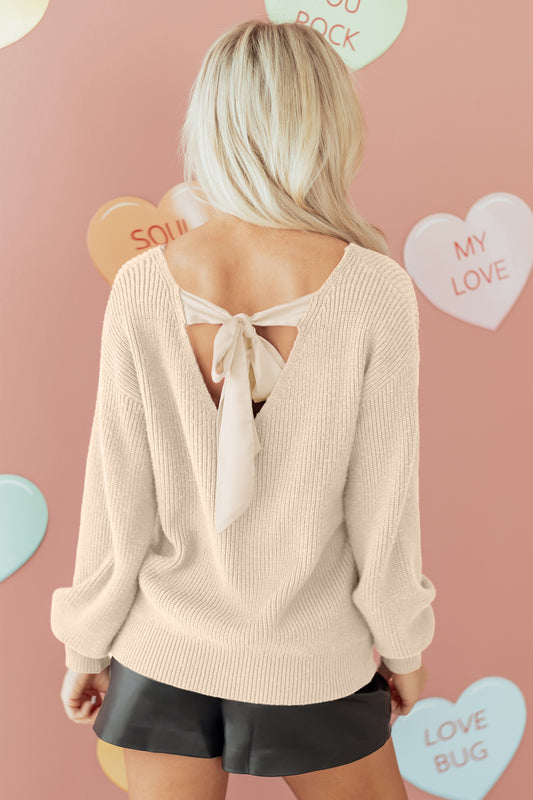 Ribbed Knit Ribbon Knot Backless Drop Shoulder Sweater