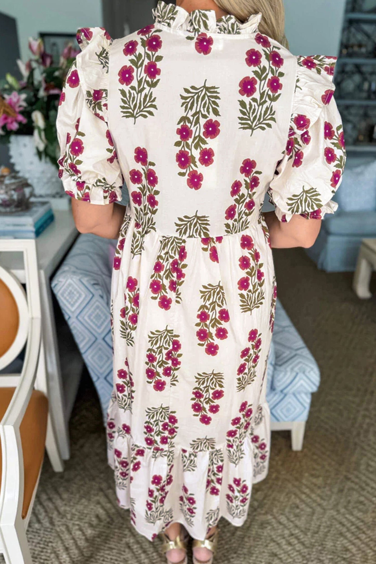 Floral Short Bubble Sleeve Tiered Maxi Dress