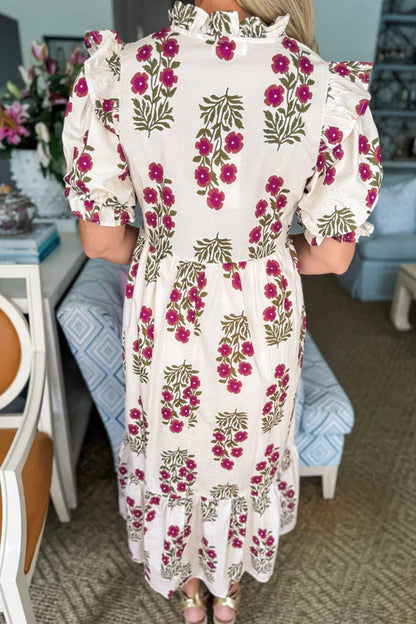 Floral Short Bubble Sleeve Tiered Maxi Dress