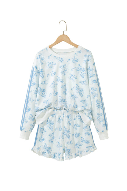 Sky Blue Floral Print Striped Detail Long Sleeve Top Ruffle Hem Shorts 2pcs Set