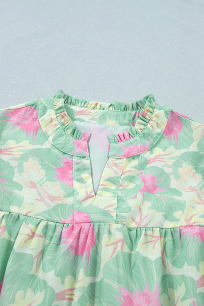 Short Bubble Sleeve Summer Floral Blouse