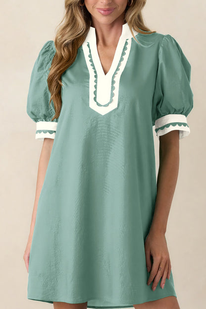 Scallop Color Block Trim Puff Sleeve Mini Dress
