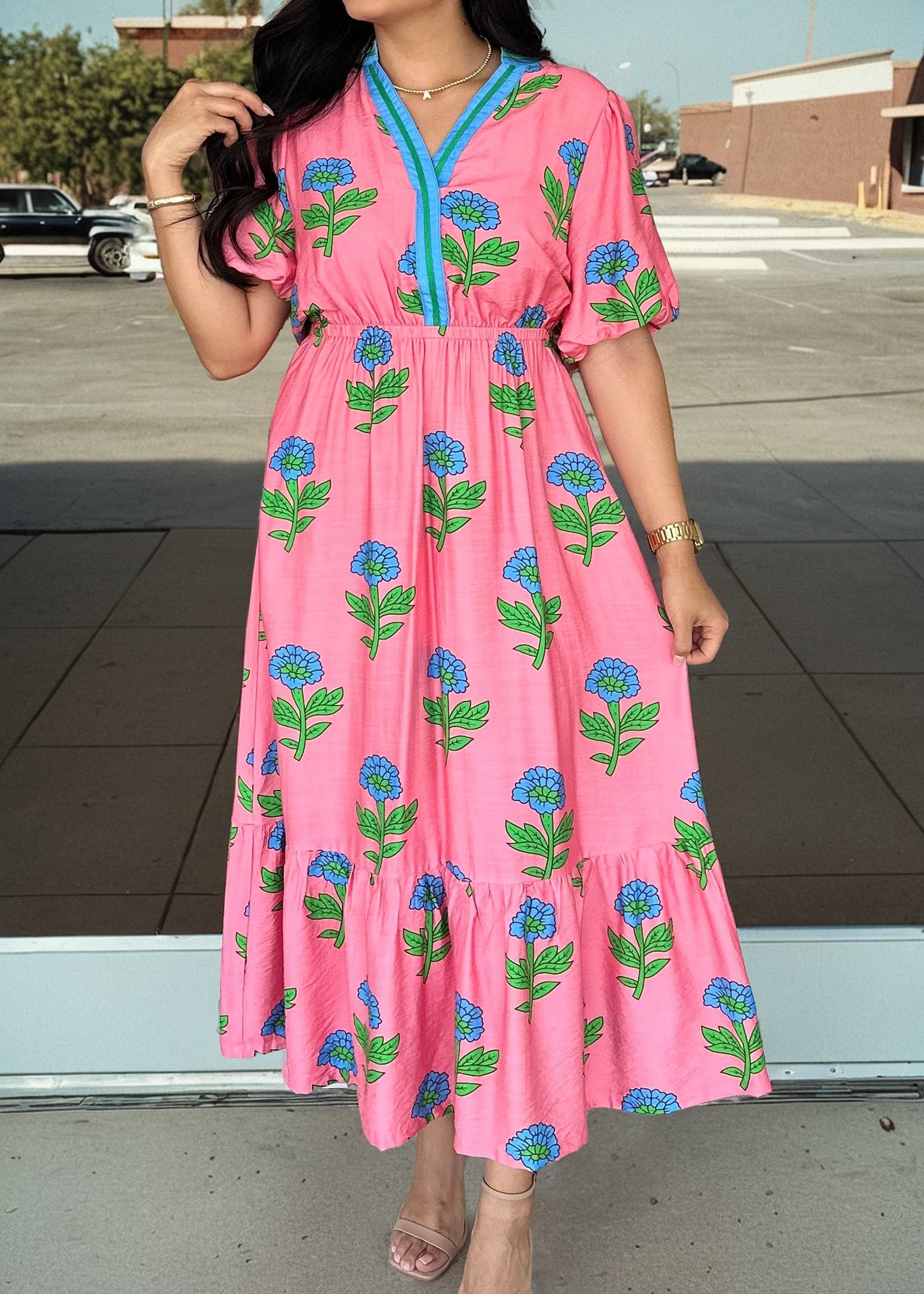 Pink Plus Size Striped V Neck Ruffled Floral Long Dress