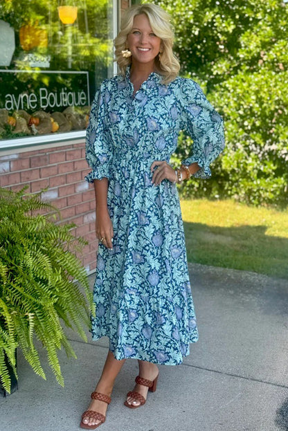 Floral Printed Frilled V Neck Bracelet Sleeve Long Dress