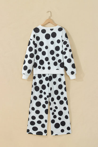 Polka Dot Long Sleeve Top Drawstring Relaxed Pants Set