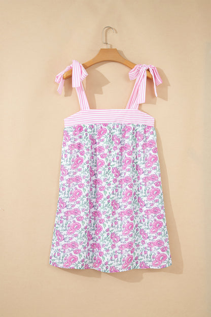Floral Print Striped Patchwork Bow Knot Straps Mini Dress